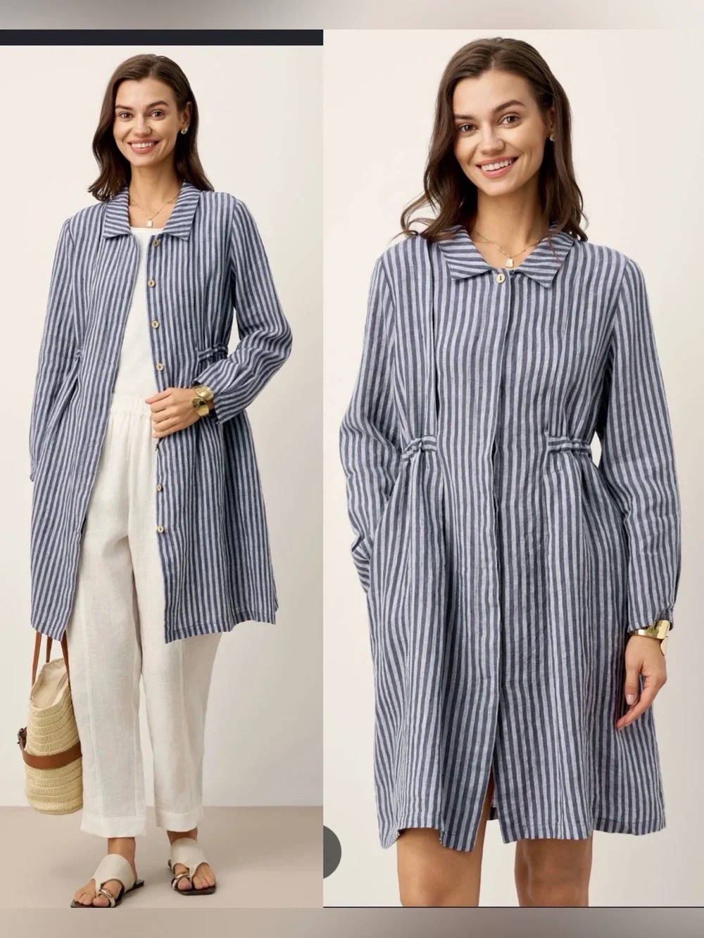 NWT Lintico 100% Linen Striped Back Drawstring Midi Shirt Dress Adelaide ,size L